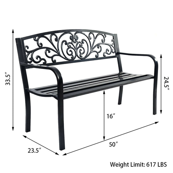 This bench can put in park  backyard  garden  deck  patio  etc.  providing you space to have a rest. Â  Made of steel  the bench has sturdy and durable construction. It features a mesh style on the backrest. The bench is simple yet elegant  can be a good 