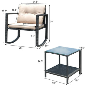 Including 1 table with tempered glass top and 2 rocking chairs <br>Sturdy and heavy steel frame ensures large weight capacity <br>High-quality PE wicker can withstand the moderate change in weather <br>Slightly sloping back and seat of the rocking chair o