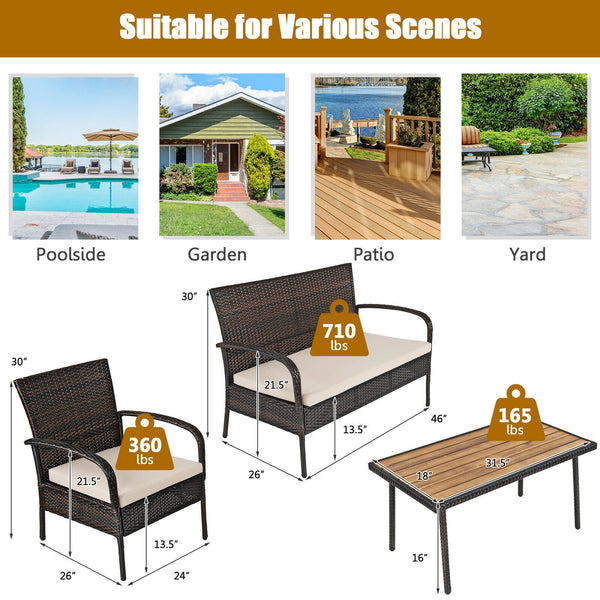 Heavy-duty steel frame ensures sturdiness<br>Wrapped with weather-resistant rattan for long life time<br>Solid acacia wood tabletop provide superior durable<br>Anti-slip footpads prevent floor scratching<br>Ergonomic design of sofa provides ultimate comfo
