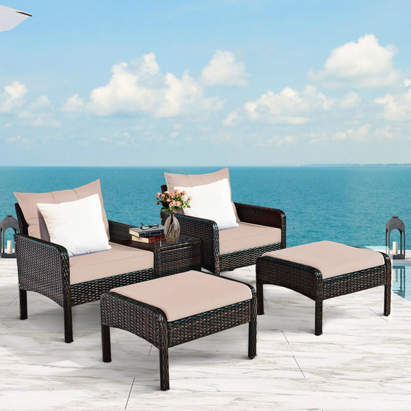 Includes 2 single chairs  2 ottomans and a side table<br>Heavy-duty metal frame with great sturdiness<br>All-weather PE rattan durable for outdoor use<br>Long-lasting tempered glass table smooth for wiping<br>3" thick cushions for excellent softness<br>Re