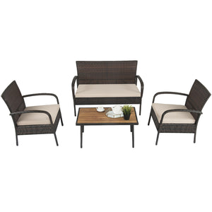 Heavy-duty steel frame ensures sturdiness<br>Wrapped with weather-resistant rattan for long life time<br>Solid acacia wood tabletop provide superior durable<br>Anti-slip footpads prevent floor scratching<br>Ergonomic design of sofa provides ultimate comfo
