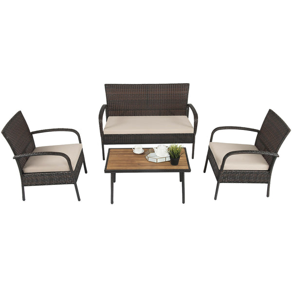 Heavy-duty steel frame ensures sturdiness<br>Wrapped with weather-resistant rattan for long life time<br>Solid acacia wood tabletop provide superior durable<br>Anti-slip footpads prevent floor scratching<br>Ergonomic design of sofa provides ultimate comfo