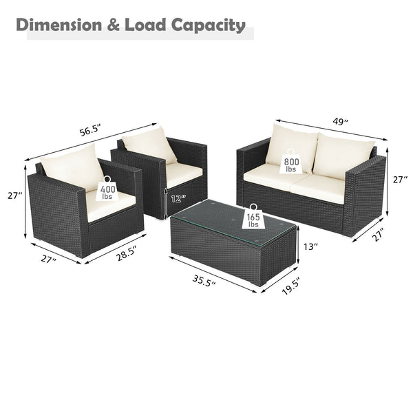 Including 1 x Table  2 x Single sofa  1 x Loveseat  4 x Seat cushion  4 x Back cushion  1 x Instruction<br>Stable steel frame can ensure a high-weight capacity<br>Weather-resistant PE rattan is durable enough for a long lifespan<br>Table and sofas come up