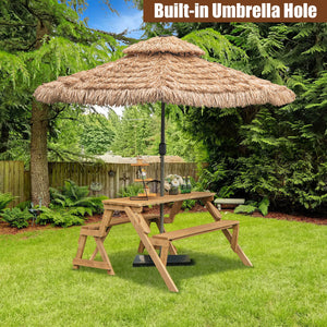 A piece of outdoor furniture that combines a picnic table and garden bench as one for great convenience! Â  When it serves as an outdoor picnic table  it can accommodate 4 people  which is great for outdoor gatherings. Meanwhile  the built-in umbrella hol