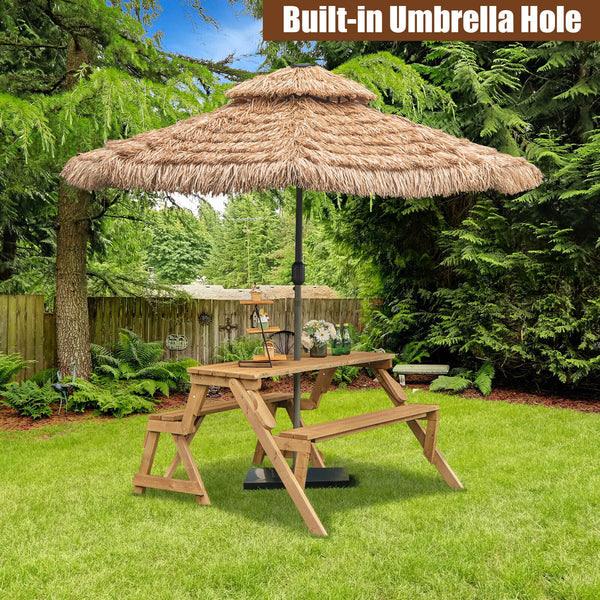 A piece of outdoor furniture that combines a picnic table and garden bench as one for great convenience! Â  When it serves as an outdoor picnic table  it can accommodate 4 people  which is great for outdoor gatherings. Meanwhile  the built-in umbrella hol