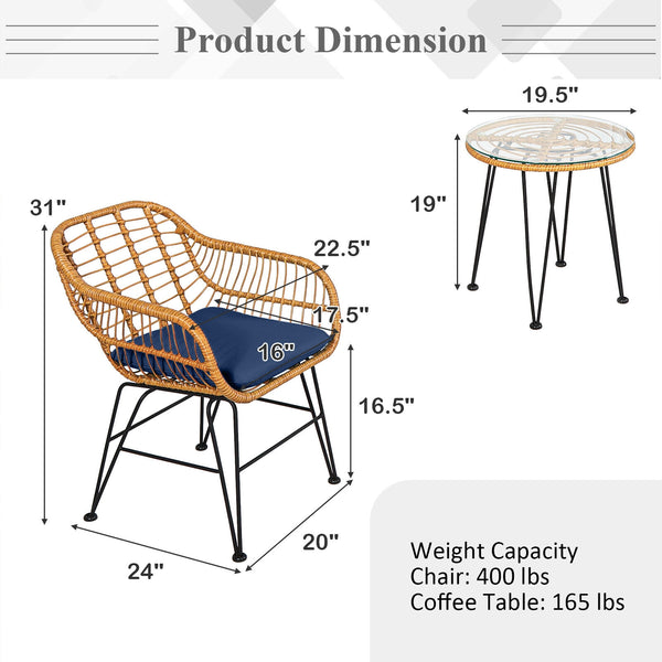 Premium wicker ensures high resistance to weather/sunlight/water<br>Heavy-duty steel frame with rust-resistant powder coated surface<br>High density sponge padded cushions provide great comfort<br>Tempered glass tabletop to place small decor  snacks and d