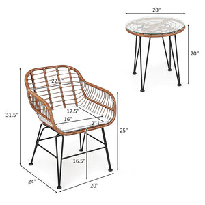 High-quality rattan is durable enough to stand the test of time <br>Including 2 armchairs  1 side table and 2 seat cushions <br>The footpads under the table and chair can prevent scratches <br>The stable construction and iron legs provide strong stability