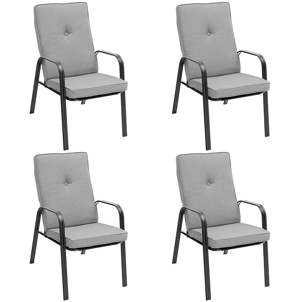 These four comfortable patio dining chairs will be fabulous additions to your outdoor relaxing space. Â  With high backrests and curved armrests  the ergonomic chairs will provide you with pleasant sitting experience. The non-slip high-back cushions with 