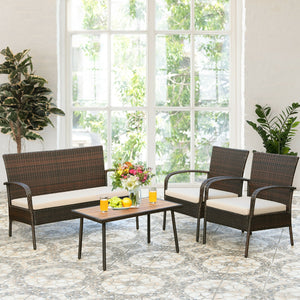 Heavy-duty steel frame ensures sturdiness<br>Wrapped with weather-resistant rattan for long life time<br>Solid acacia wood tabletop provide superior durable<br>Anti-slip footpads prevent floor scratching<br>Ergonomic design of sofa provides ultimate comfo