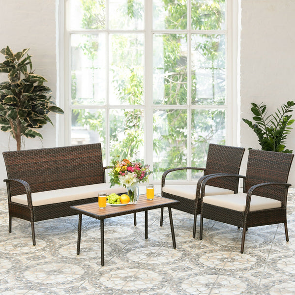 Heavy-duty steel frame ensures sturdiness<br>Wrapped with weather-resistant rattan for long life time<br>Solid acacia wood tabletop provide superior durable<br>Anti-slip footpads prevent floor scratching<br>Ergonomic design of sofa provides ultimate comfo