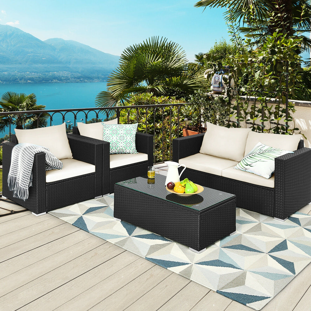 Including 1 x Table  2 x Single sofa  1 x Loveseat  4 x Seat cushion  4 x Back cushion  1 x Instruction<br>Stable steel frame can ensure a high-weight capacity<br>Weather-resistant PE rattan is durable enough for a long lifespan<br>Table and sofas come up