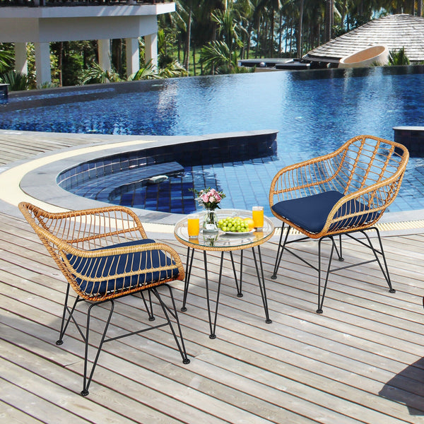 Premium wicker ensures high resistance to weather/sunlight/water<br>Heavy-duty steel frame with rust-resistant powder coated surface<br>High density sponge padded cushions provide great comfort<br>Tempered glass tabletop to place small decor  snacks and d
