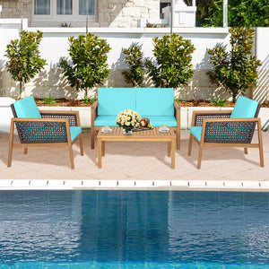 Come with 2 packages  may arrive separately <br>High quality acacia wood for steady performance and rustic touch <br>Withstand weather variations thanks to its all-weather mix of brown PE rattan <br>Bring a soft sitting experience with breathable and thic