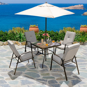 These four comfortable patio dining chairs will be fabulous additions to your outdoor relaxing space. Â  With high backrests and curved armrests  the ergonomic chairs will provide you with pleasant sitting experience. The non-slip high-back cushions with 