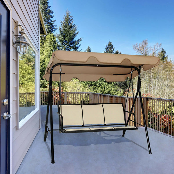 Able to comfortably sit and swing 3 people independently <br>Made of a high quality  weather-resistant steel frame with wide  sturdybase <br>Adjustable canopy design for optimal shade coverage and rain protection <br>Comfortable angle and well-ventilated 