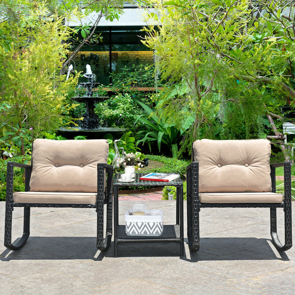 Including 1 table with tempered glass top and 2 rocking chairs <br>Sturdy and heavy steel frame ensures large weight capacity <br>High-quality PE wicker can withstand the moderate change in weather <br>Slightly sloping back and seat of the rocking chair o