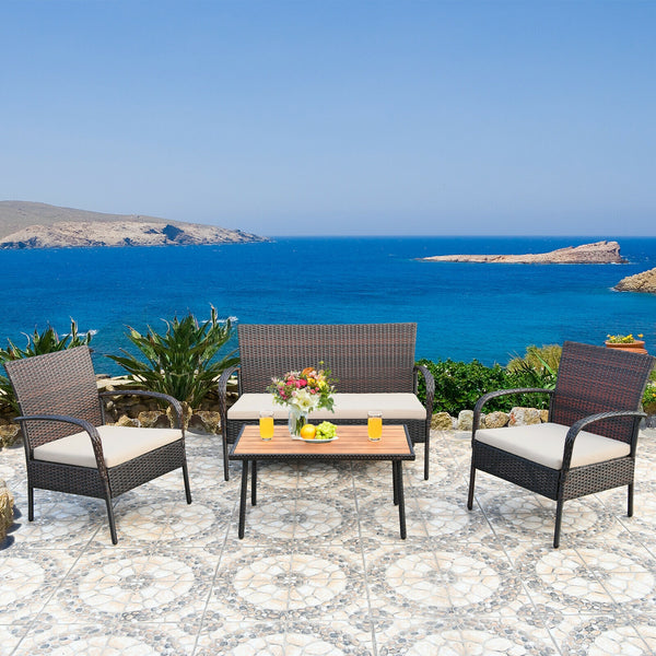 Heavy-duty steel frame ensures sturdiness<br>Wrapped with weather-resistant rattan for long life time<br>Solid acacia wood tabletop provide superior durable<br>Anti-slip footpads prevent floor scratching<br>Ergonomic design of sofa provides ultimate comfo