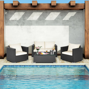 Including 1 x Table  2 x Single sofa  1 x Loveseat  4 x Seat cushion  4 x Back cushion  1 x Instruction<br>Stable steel frame can ensure a high-weight capacity<br>Weather-resistant PE rattan is durable enough for a long lifespan<br>Table and sofas come up