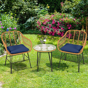 Premium wicker ensures high resistance to weather/sunlight/water<br>Heavy-duty steel frame with rust-resistant powder coated surface<br>High density sponge padded cushions provide great comfort<br>Tempered glass tabletop to place small decor  snacks and d