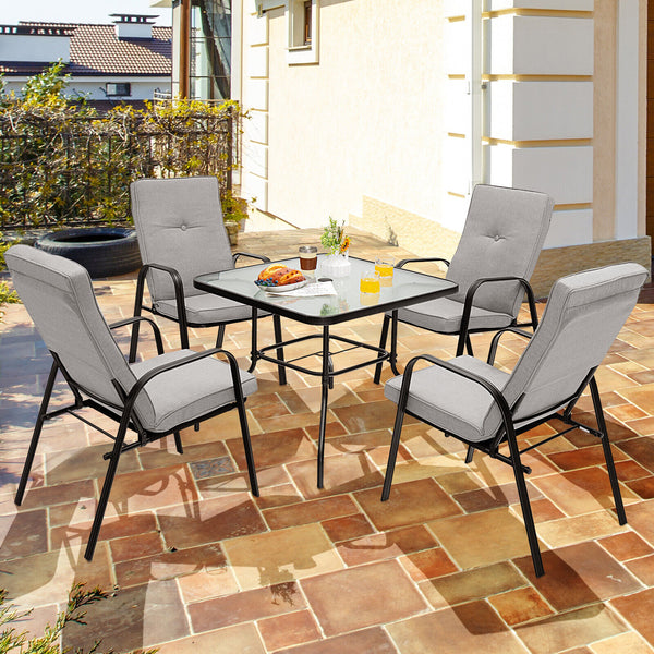 These four comfortable patio dining chairs will be fabulous additions to your outdoor relaxing space. Â  With high backrests and curved armrests  the ergonomic chairs will provide you with pleasant sitting experience. The non-slip high-back cushions with 