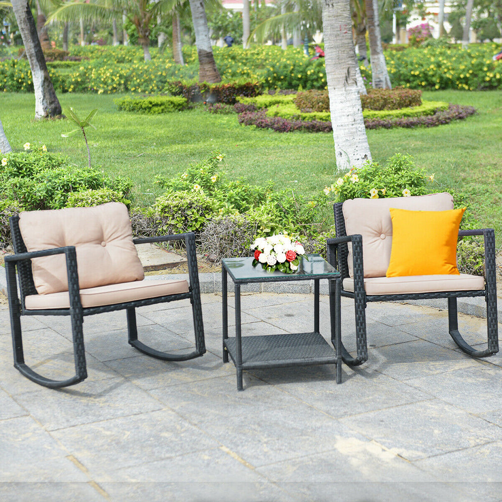 Including 1 table with tempered glass top and 2 rocking chairs <br>Sturdy and heavy steel frame ensures large weight capacity <br>High-quality PE wicker can withstand the moderate change in weather <br>Slightly sloping back and seat of the rocking chair o