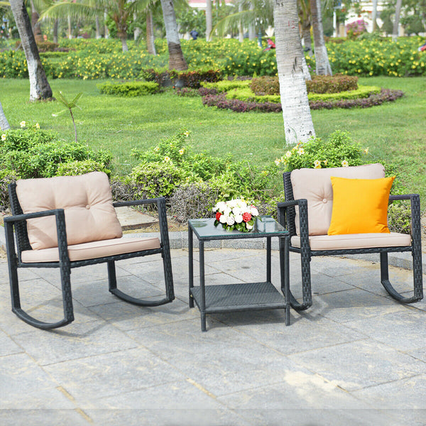 Including 1 table with tempered glass top and 2 rocking chairs <br>Sturdy and heavy steel frame ensures large weight capacity <br>High-quality PE wicker can withstand the moderate change in weather <br>Slightly sloping back and seat of the rocking chair o