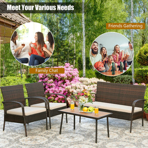 Heavy-duty steel frame ensures sturdiness<br>Wrapped with weather-resistant rattan for long life time<br>Solid acacia wood tabletop provide superior durable<br>Anti-slip footpads prevent floor scratching<br>Ergonomic design of sofa provides ultimate comfo