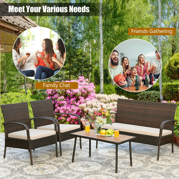 Heavy-duty steel frame ensures sturdiness<br>Wrapped with weather-resistant rattan for long life time<br>Solid acacia wood tabletop provide superior durable<br>Anti-slip footpads prevent floor scratching<br>Ergonomic design of sofa provides ultimate comfo
