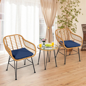 Premium wicker ensures high resistance to weather/sunlight/water<br>Heavy-duty steel frame with rust-resistant powder coated surface<br>High density sponge padded cushions provide great comfort<br>Tempered glass tabletop to place small decor  snacks and d