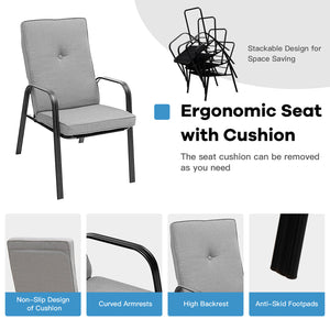 These four comfortable patio dining chairs will be fabulous additions to your outdoor relaxing space. Â  With high backrests and curved armrests  the ergonomic chairs will provide you with pleasant sitting experience. The non-slip high-back cushions with 