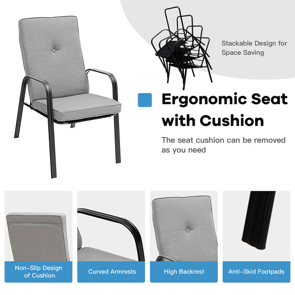 These four comfortable patio dining chairs will be fabulous additions to your outdoor relaxing space. Â  With high backrests and curved armrests  the ergonomic chairs will provide you with pleasant sitting experience. The non-slip high-back cushions with 
