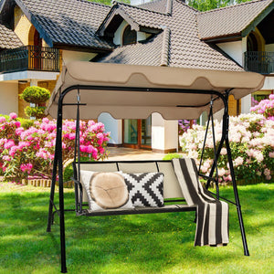Able to comfortably sit and swing 3 people independently <br>Made of a high quality  weather-resistant steel frame with wide  sturdybase <br>Adjustable canopy design for optimal shade coverage and rain protection <br>Comfortable angle and well-ventilated 