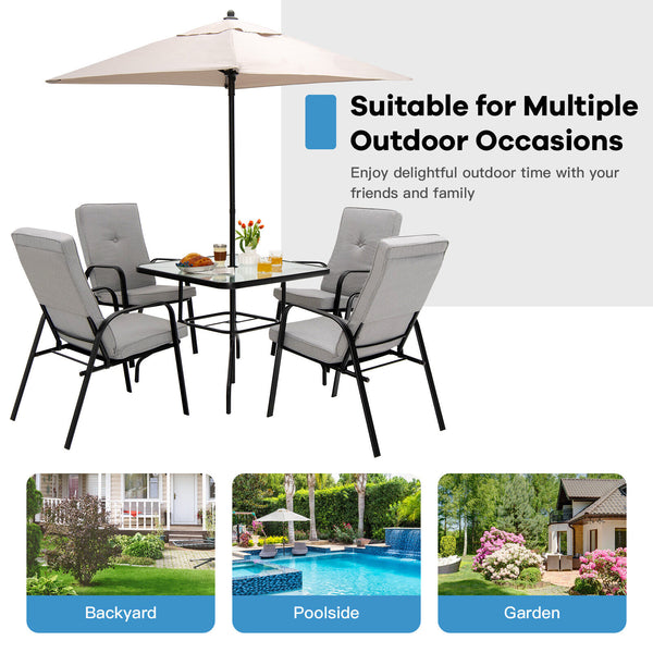 These four comfortable patio dining chairs will be fabulous additions to your outdoor relaxing space. Â  With high backrests and curved armrests  the ergonomic chairs will provide you with pleasant sitting experience. The non-slip high-back cushions with 