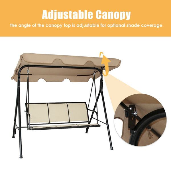 Able to comfortably sit and swing 3 people independently <br>Made of a high quality  weather-resistant steel frame with wide  sturdybase <br>Adjustable canopy design for optimal shade coverage and rain protection <br>Comfortable angle and well-ventilated 