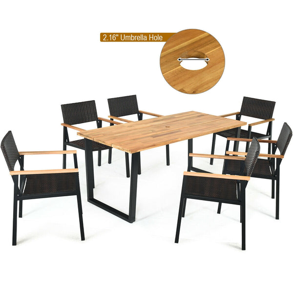 Table made of premium acacia wood and steel frame  sturdy and durable <br>Unique leg structure offers powerful support and stability <br>Weather-resistant and waterproof rattan chairs  easy to clean <br>Wide armrest of acacia wood top for extra comfort <b
