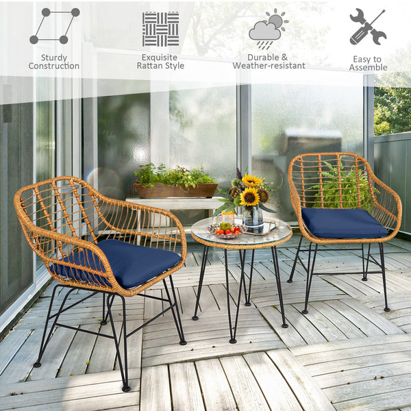 Premium wicker ensures high resistance to weather/sunlight/water<br>Heavy-duty steel frame with rust-resistant powder coated surface<br>High density sponge padded cushions provide great comfort<br>Tempered glass tabletop to place small decor  snacks and d