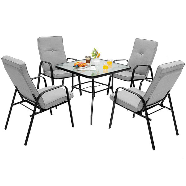 These four comfortable patio dining chairs will be fabulous additions to your outdoor relaxing space. Â  With high backrests and curved armrests  the ergonomic chairs will provide you with pleasant sitting experience. The non-slip high-back cushions with 
