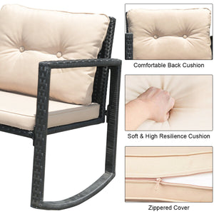 Including 1 table with tempered glass top and 2 rocking chairs <br>Sturdy and heavy steel frame ensures large weight capacity <br>High-quality PE wicker can withstand the moderate change in weather <br>Slightly sloping back and seat of the rocking chair o