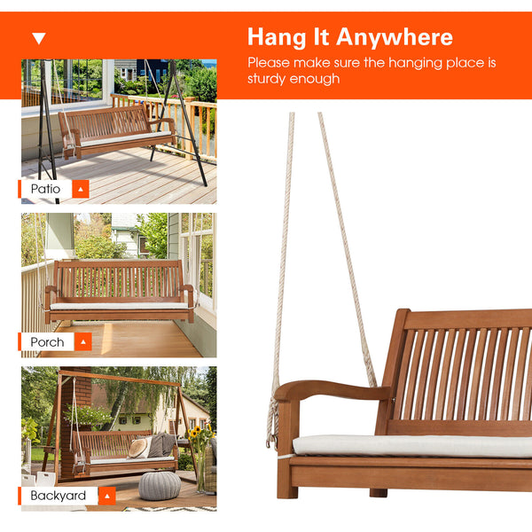 Sit on the comfortable porch swing on a hot summer night and sip a glass of wine with your beloved ones! Â  This 2-person porch swing bench is made of solid wood frame with a spray-painted surface  which can bring you an extraordinary experience while pro