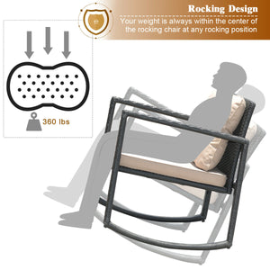 Including 1 table with tempered glass top and 2 rocking chairs <br>Sturdy and heavy steel frame ensures large weight capacity <br>High-quality PE wicker can withstand the moderate change in weather <br>Slightly sloping back and seat of the rocking chair o