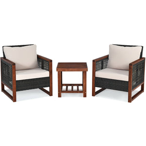 Please avoid rain exposure for longer serving time.<br>Package includes 2 sofas  1 table  2 seat cushions  2 back cushions and instruction<br>Made of all-weather rattan  sturdy and durable<br>Acacia wood frame and unique base provide powerful support<br>A