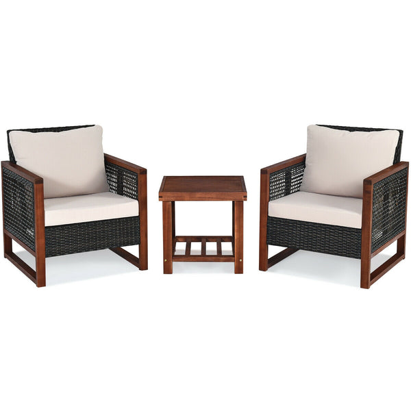 Please avoid rain exposure for longer serving time.<br>Package includes 2 sofas  1 table  2 seat cushions  2 back cushions and instruction<br>Made of all-weather rattan  sturdy and durable<br>Acacia wood frame and unique base provide powerful support<br>A