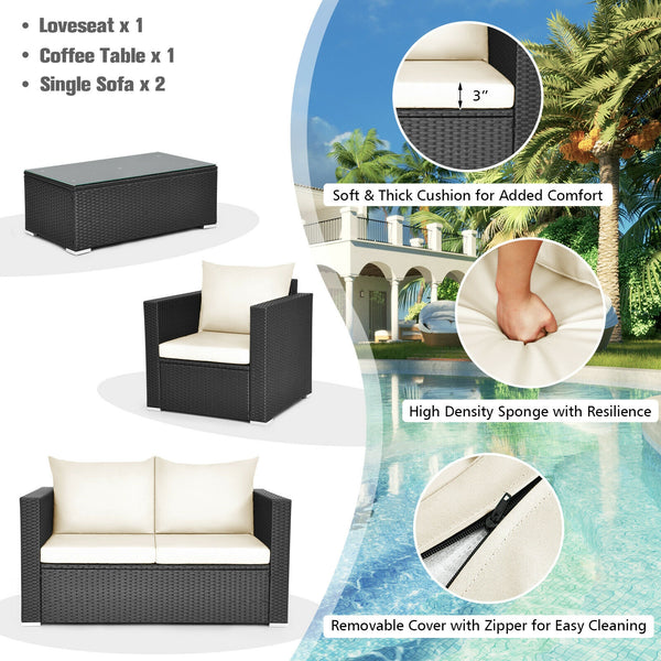 Including 1 x Table  2 x Single sofa  1 x Loveseat  4 x Seat cushion  4 x Back cushion  1 x Instruction<br>Stable steel frame can ensure a high-weight capacity<br>Weather-resistant PE rattan is durable enough for a long lifespan<br>Table and sofas come up