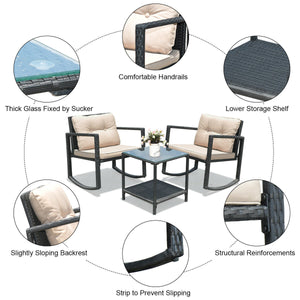 Including 1 table with tempered glass top and 2 rocking chairs <br>Sturdy and heavy steel frame ensures large weight capacity <br>High-quality PE wicker can withstand the moderate change in weather <br>Slightly sloping back and seat of the rocking chair o