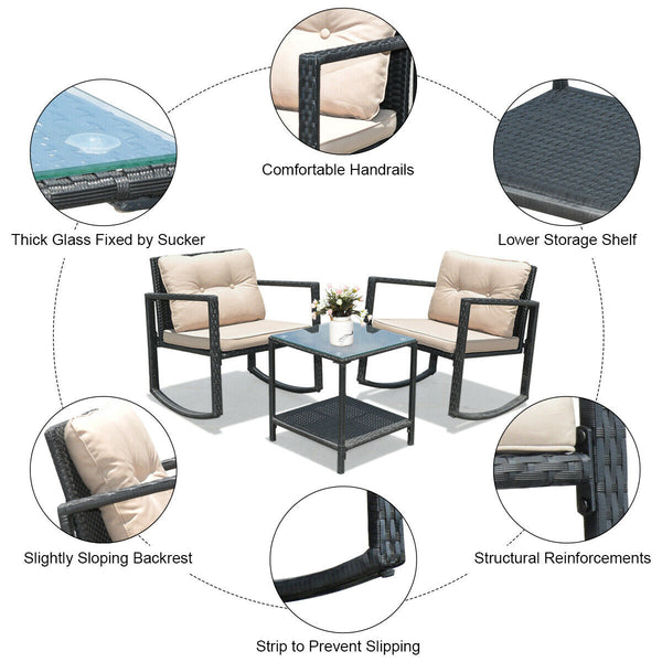 Including 1 table with tempered glass top and 2 rocking chairs <br>Sturdy and heavy steel frame ensures large weight capacity <br>High-quality PE wicker can withstand the moderate change in weather <br>Slightly sloping back and seat of the rocking chair o