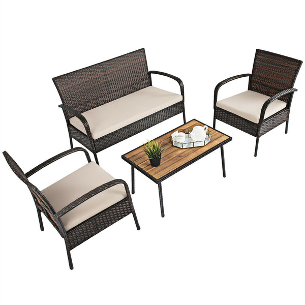 Heavy-duty steel frame ensures sturdiness<br>Wrapped with weather-resistant rattan for long life time<br>Solid acacia wood tabletop provide superior durable<br>Anti-slip footpads prevent floor scratching<br>Ergonomic design of sofa provides ultimate comfo
