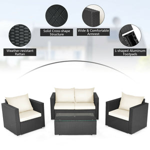 Including 1 x Table  2 x Single sofa  1 x Loveseat  4 x Seat cushion  4 x Back cushion  1 x Instruction<br>Stable steel frame can ensure a high-weight capacity<br>Weather-resistant PE rattan is durable enough for a long lifespan<br>Table and sofas come up