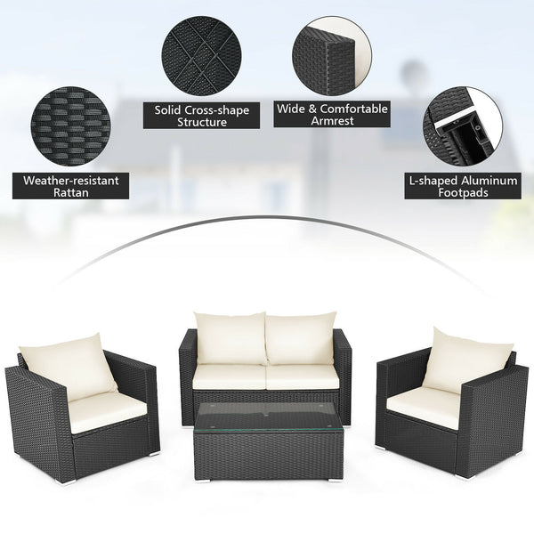 Including 1 x Table  2 x Single sofa  1 x Loveseat  4 x Seat cushion  4 x Back cushion  1 x Instruction<br>Stable steel frame can ensure a high-weight capacity<br>Weather-resistant PE rattan is durable enough for a long lifespan<br>Table and sofas come up