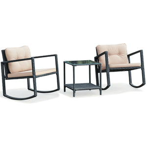 Including 1 table with tempered glass top and 2 rocking chairs <br>Sturdy and heavy steel frame ensures large weight capacity <br>High-quality PE wicker can withstand the moderate change in weather <br>Slightly sloping back and seat of the rocking chair o