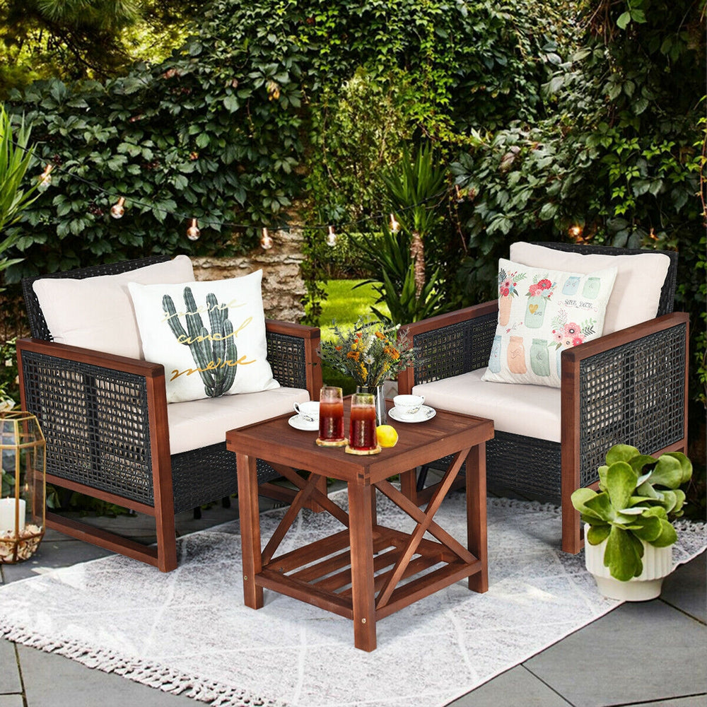 Please avoid rain exposure for longer serving time.<br>Package includes 2 sofas  1 table  2 seat cushions  2 back cushions and instruction<br>Made of all-weather rattan  sturdy and durable<br>Acacia wood frame and unique base provide powerful support<br>A